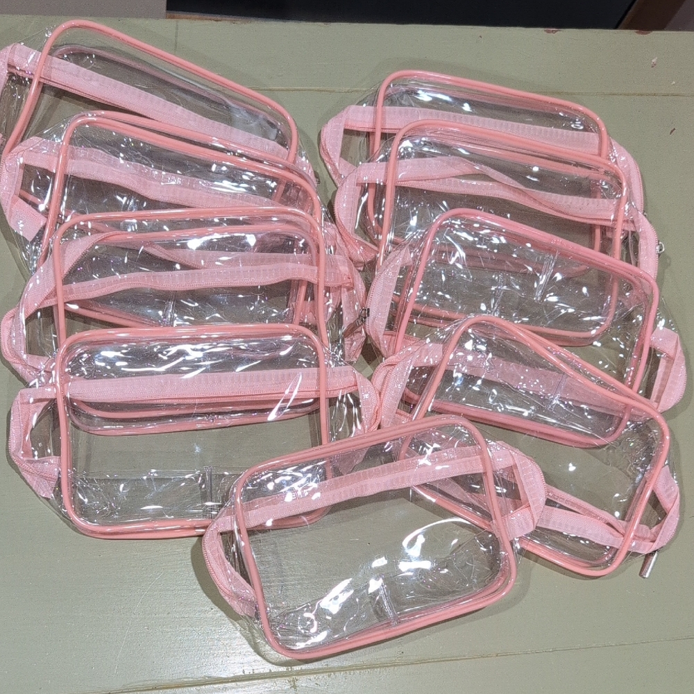 🔖 9 Piece Set of Clear Pink Trim Cosmetic Bags - NWOT